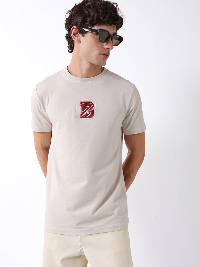 Men Beige Embroidered Cotton Crew Neck T-Shirt