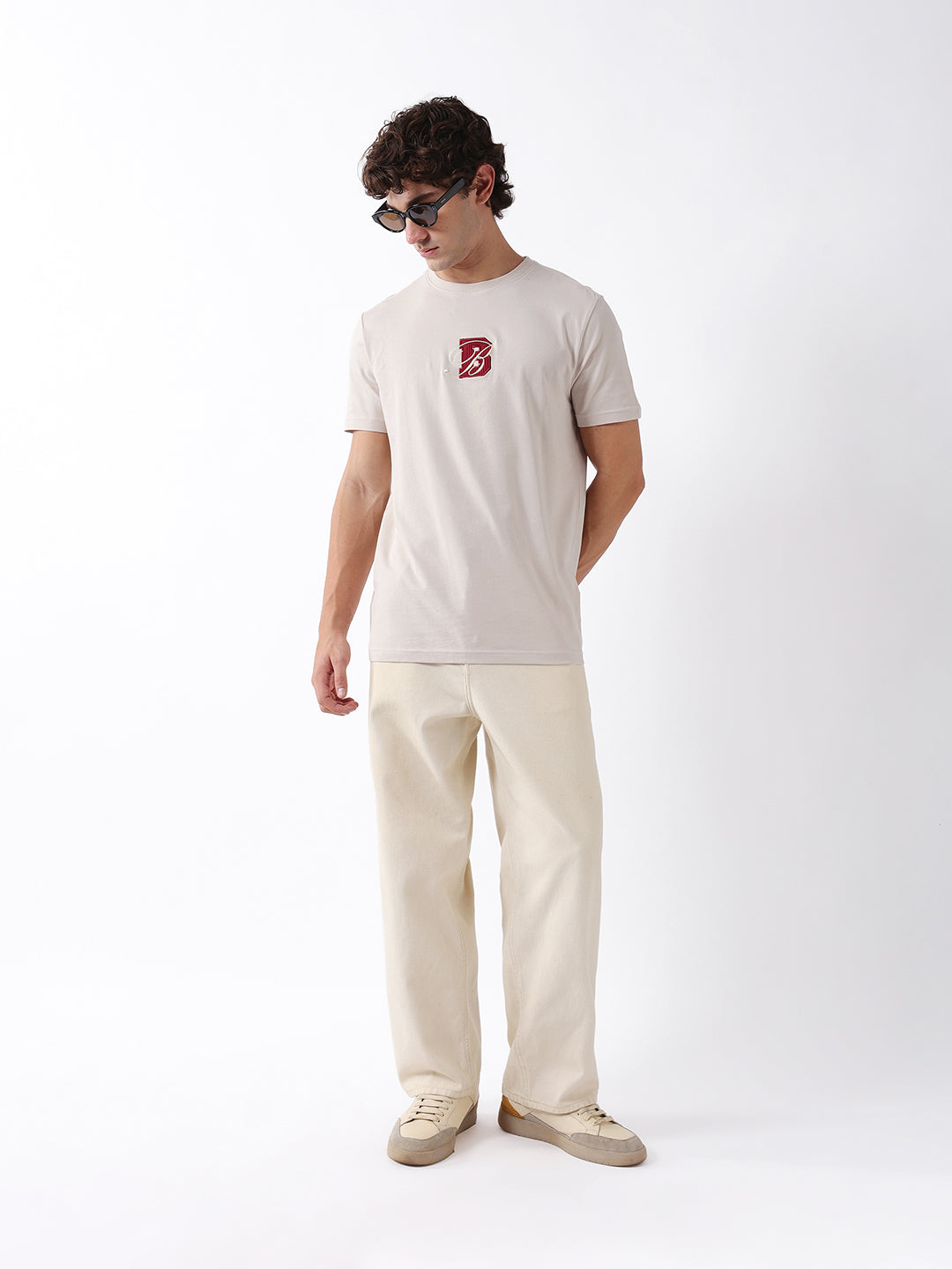 Men Beige Embroidered Cotton Crew Neck T-Shirt