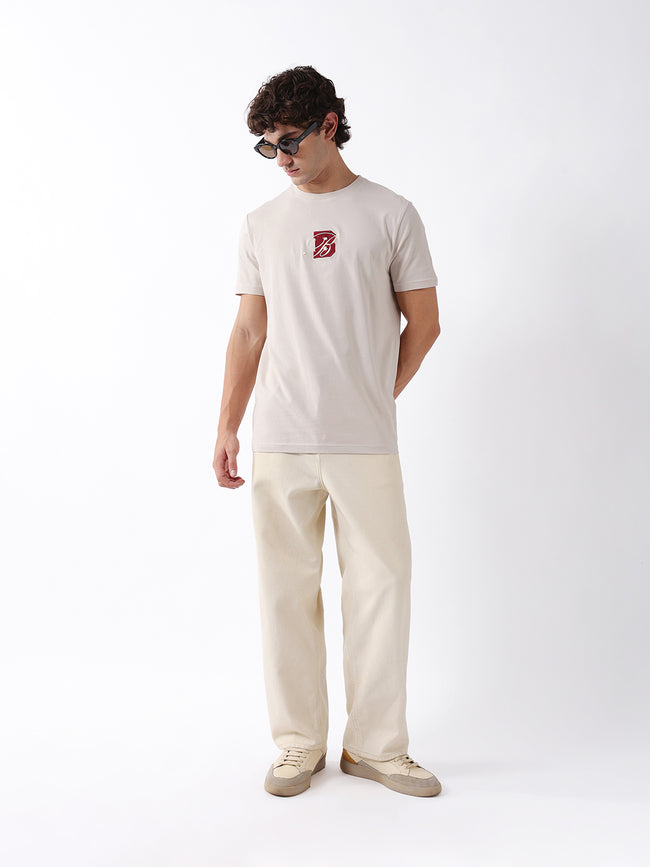 Men Beige Embroidered Cotton Crew Neck T-Shirt