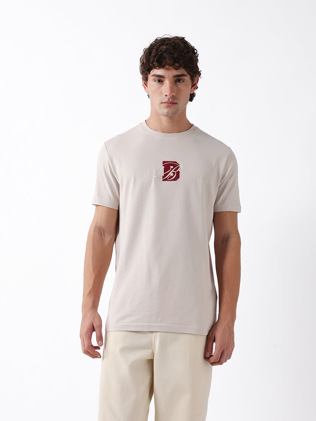 Men Beige Embroidered Cotton Crew Neck T-Shirt