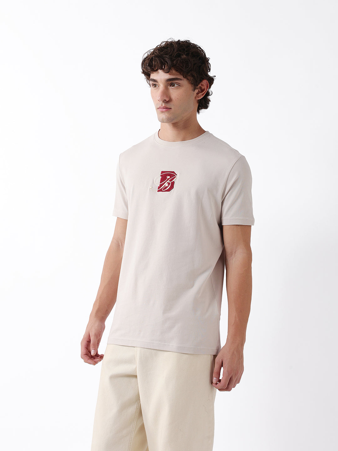Men Beige Embroidered Cotton Crew Neck T-Shirt