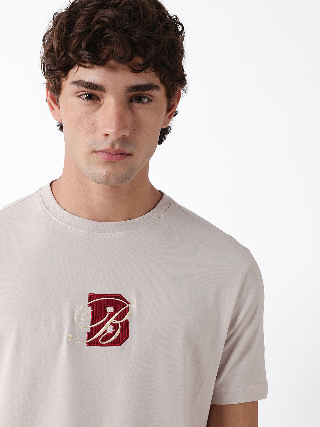 Men Beige Embroidered Cotton Crew Neck T-Shirt