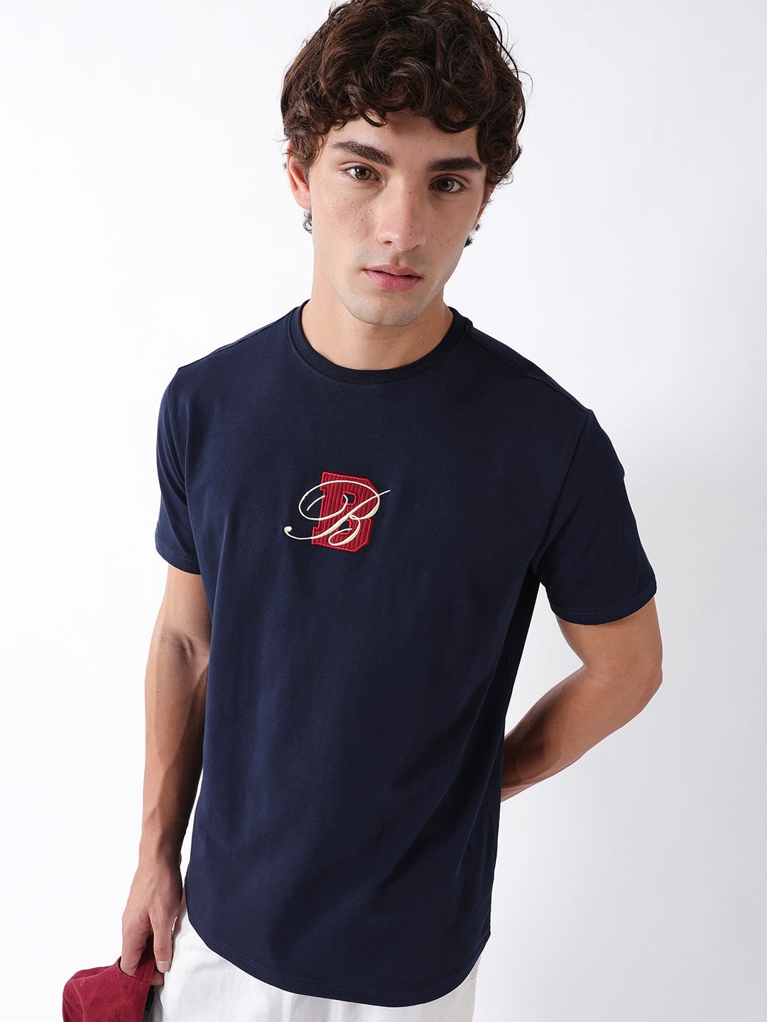 Men Navy Embroidered Cotton Crew Neck T-Shirt