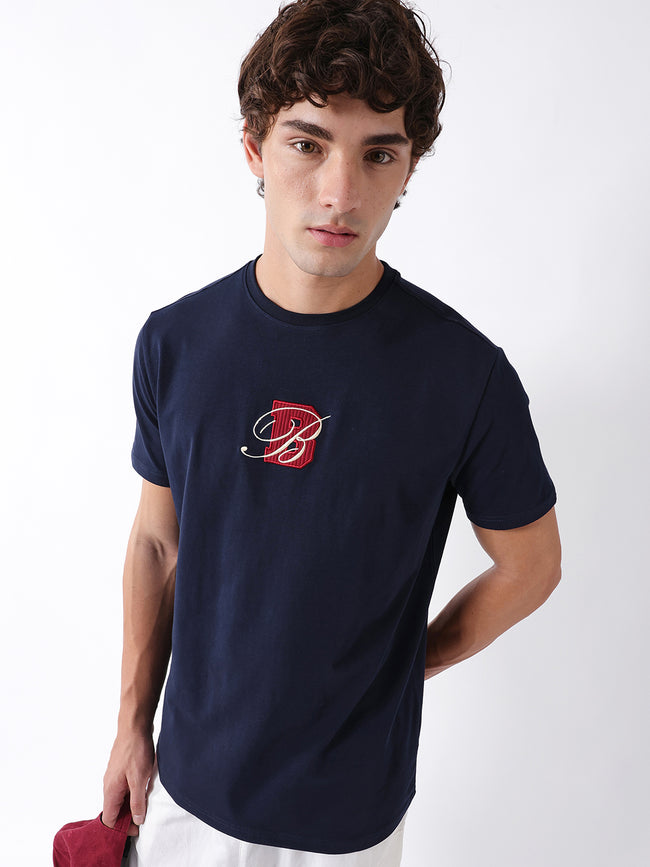 Men Navy Embroidered Cotton Crew Neck T-Shirt