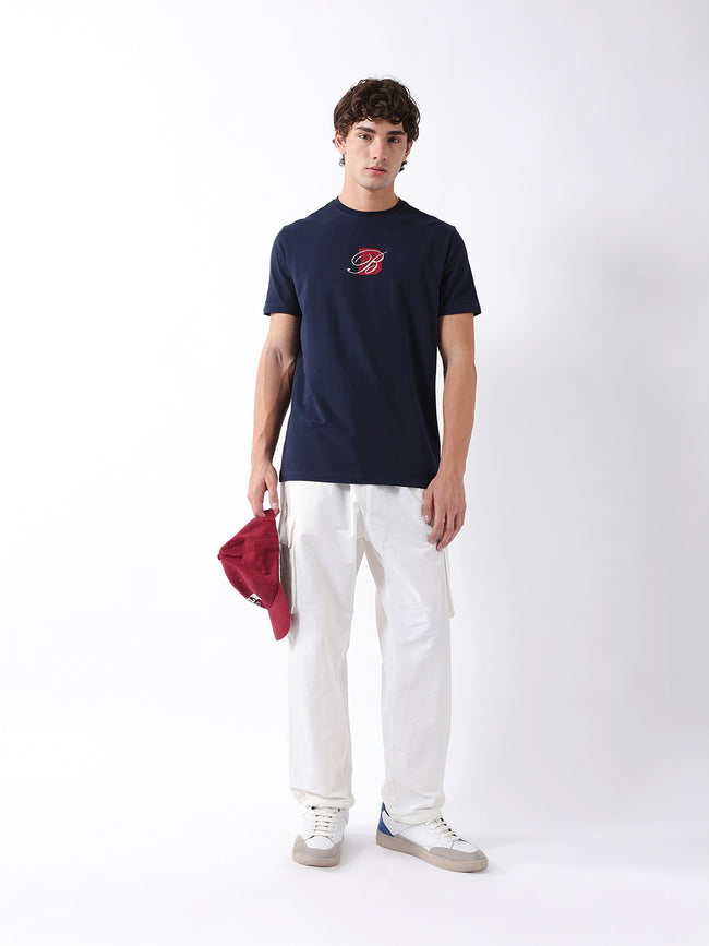 Men Navy Embroidered Cotton Crew Neck T-Shirt
