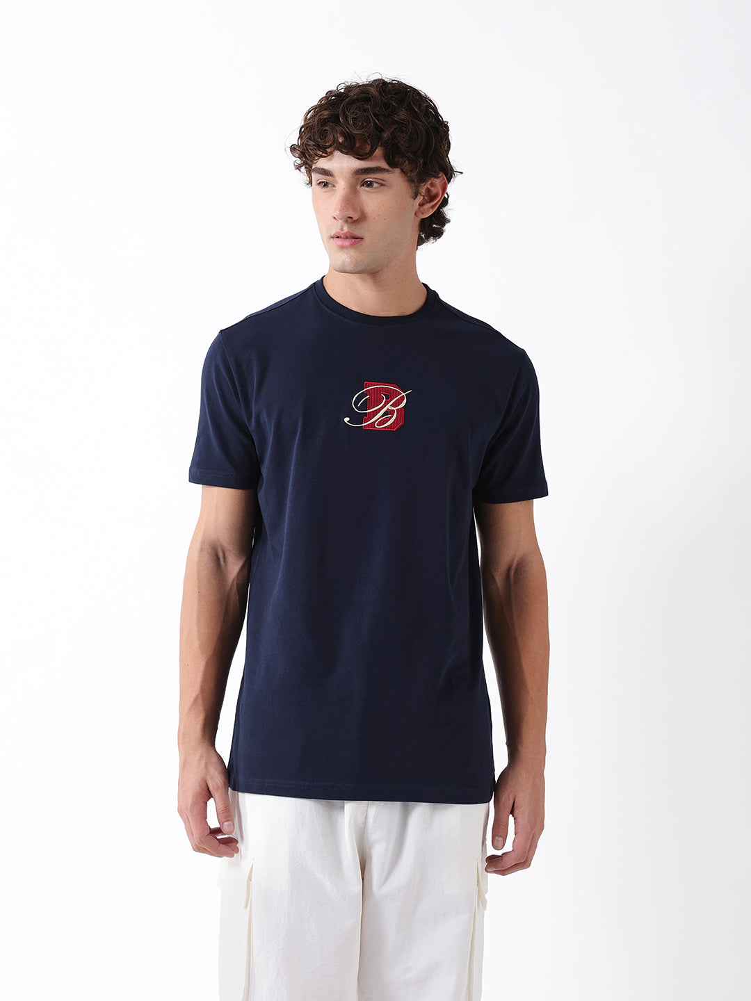 Men Navy Embroidered Cotton Crew Neck T-Shirt