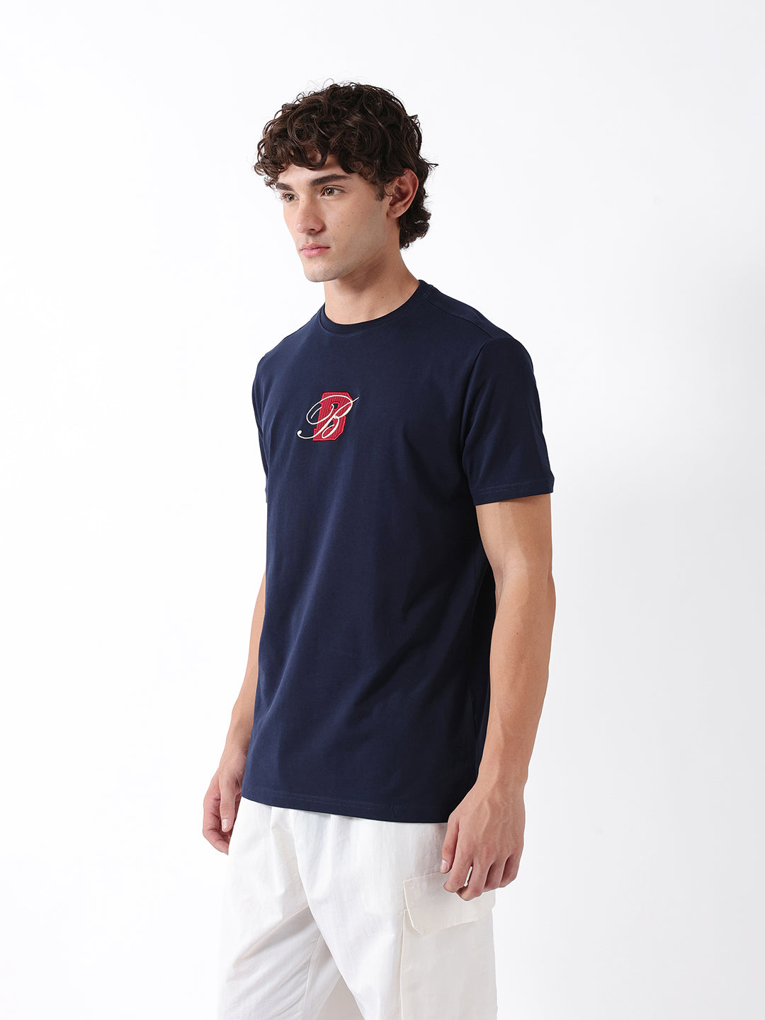 Men Navy Embroidered Cotton Crew Neck T-Shirt