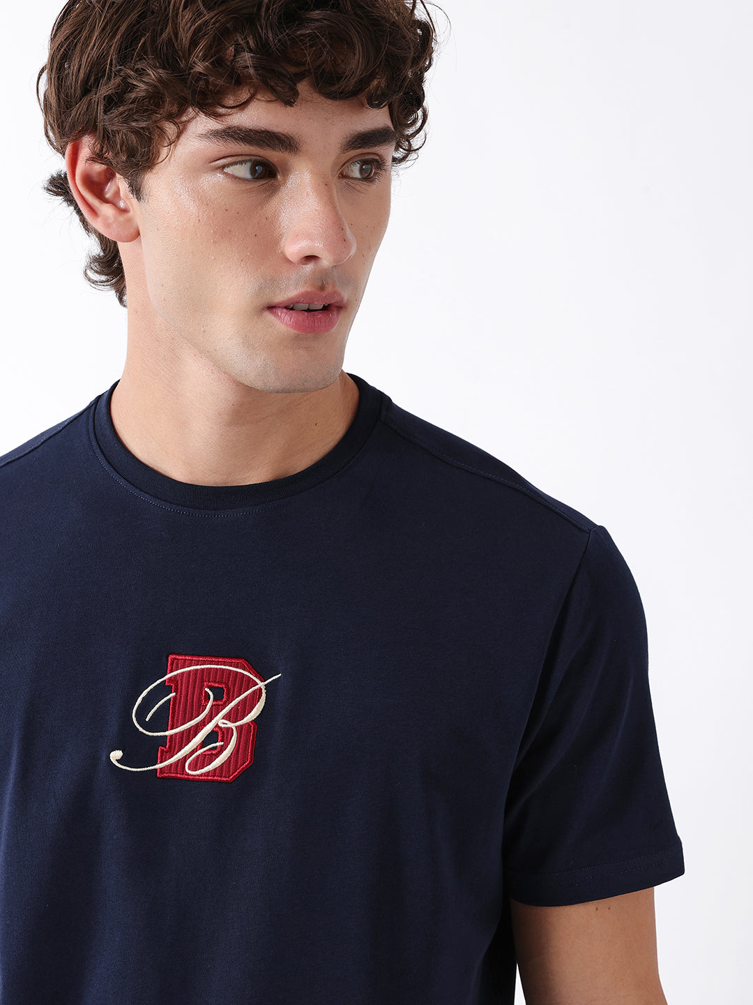 Men Navy Embroidered Cotton Crew Neck T-Shirt