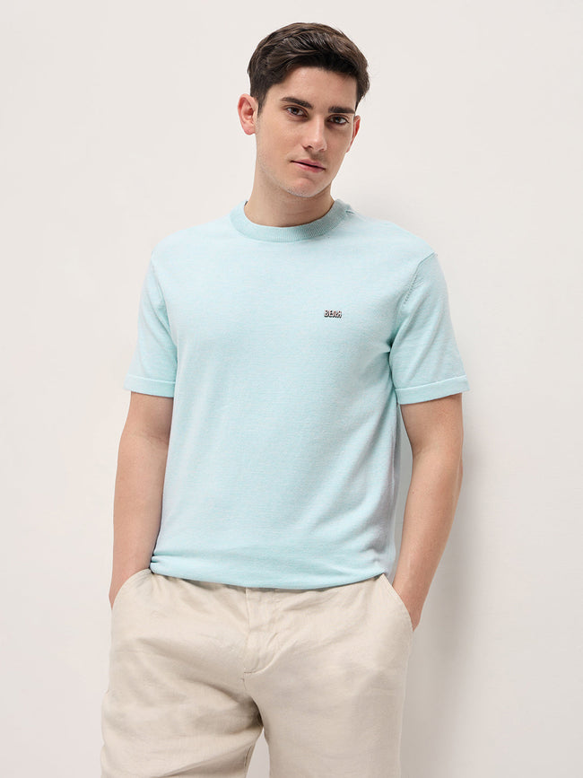 Men Light Blue Solid Regular Fit Ribbed Crew Neck T-shirt