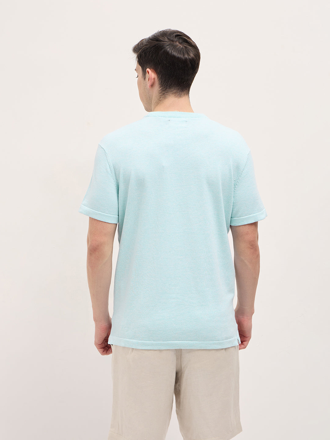 Men Light Blue Solid Regular Fit Ribbed Crew Neck T-shirt