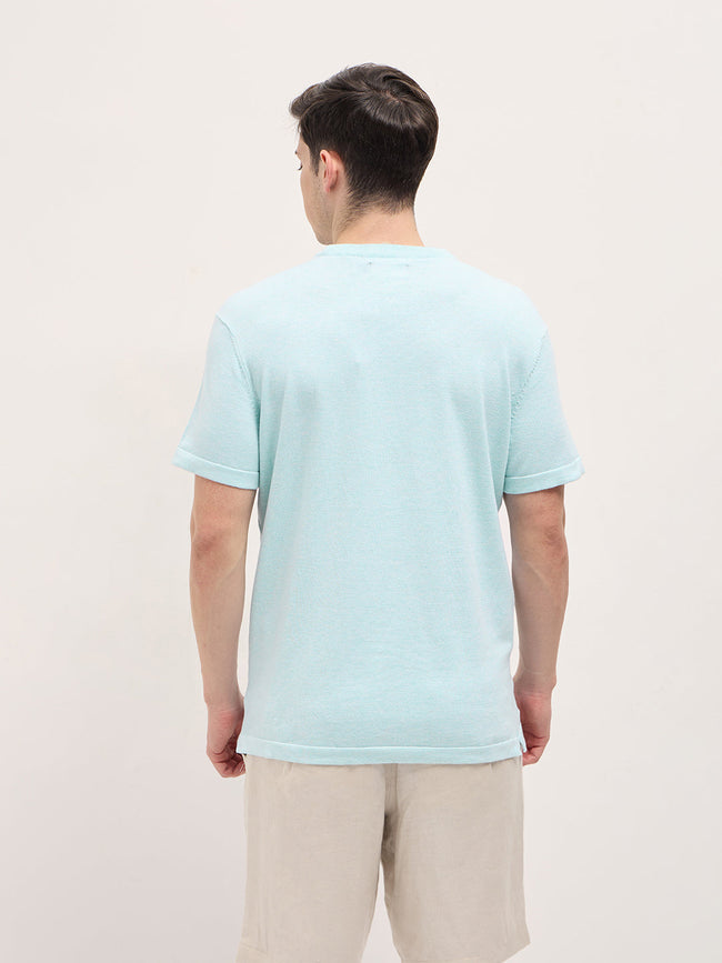 Men Light Blue Solid Regular Fit Ribbed Crew Neck T-shirt