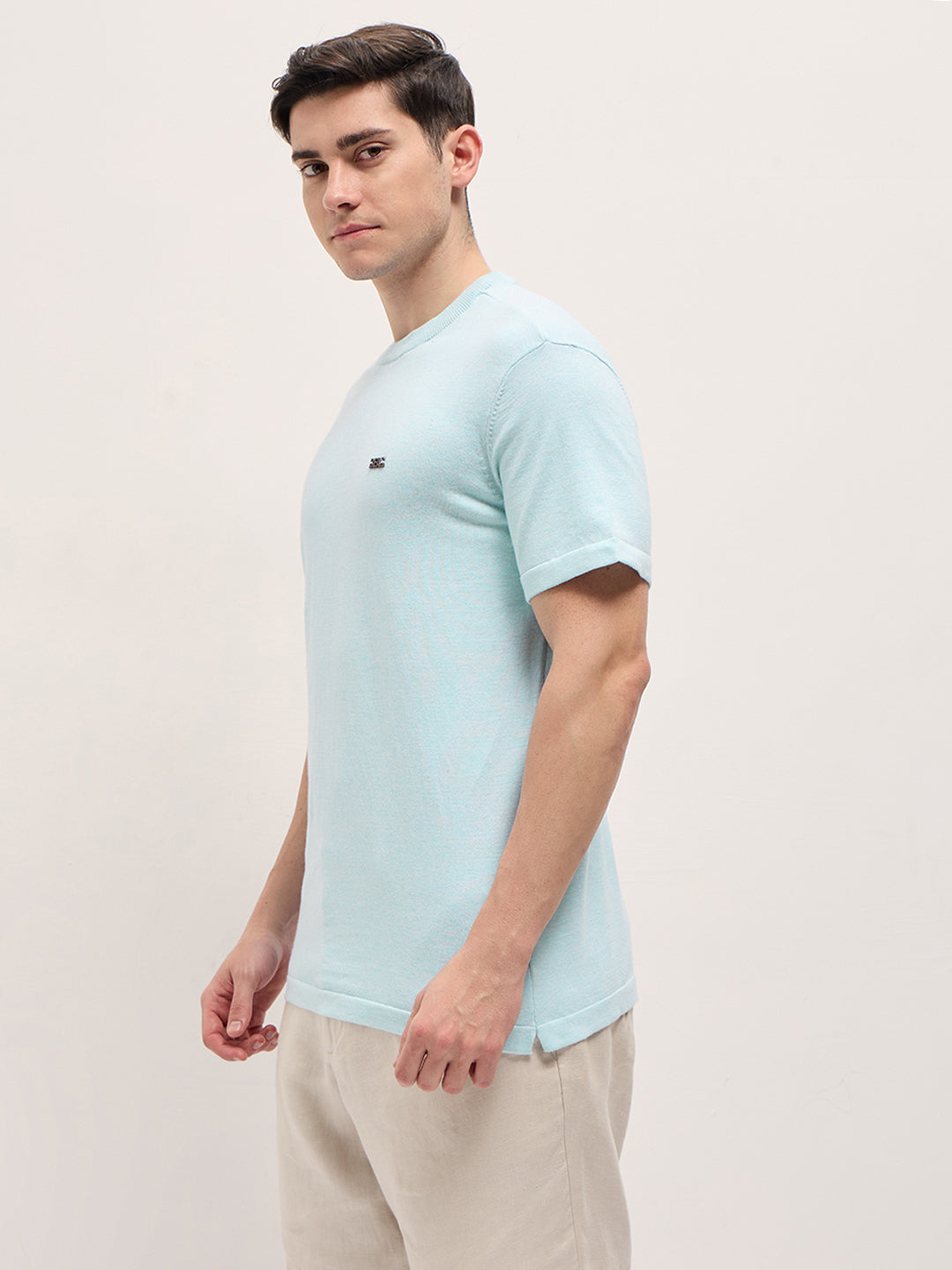 Men Light Blue Solid Regular Fit Ribbed Crew Neck T-shirt