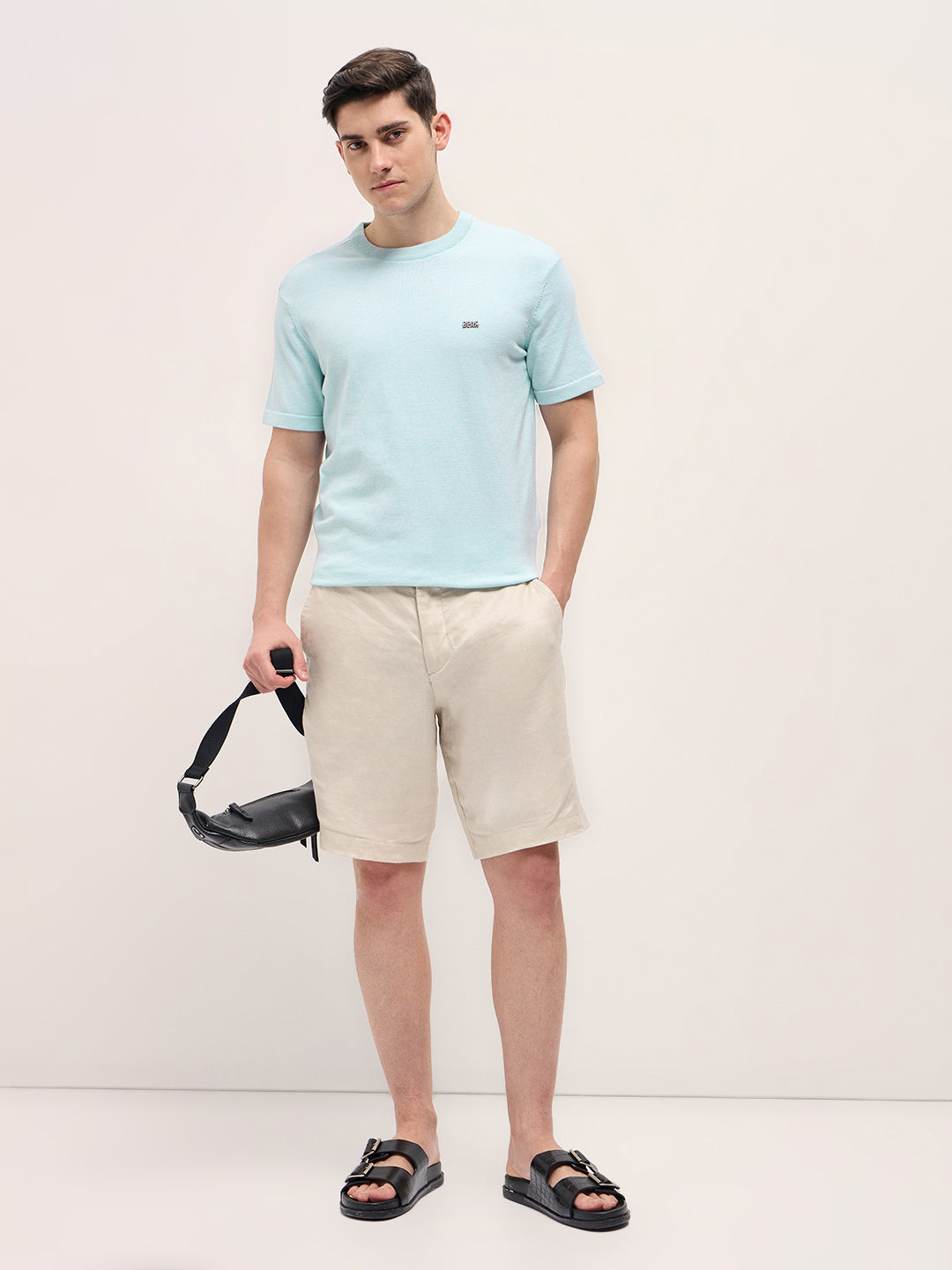 Men Light Blue Solid Regular Fit Ribbed Crew Neck T-shirt