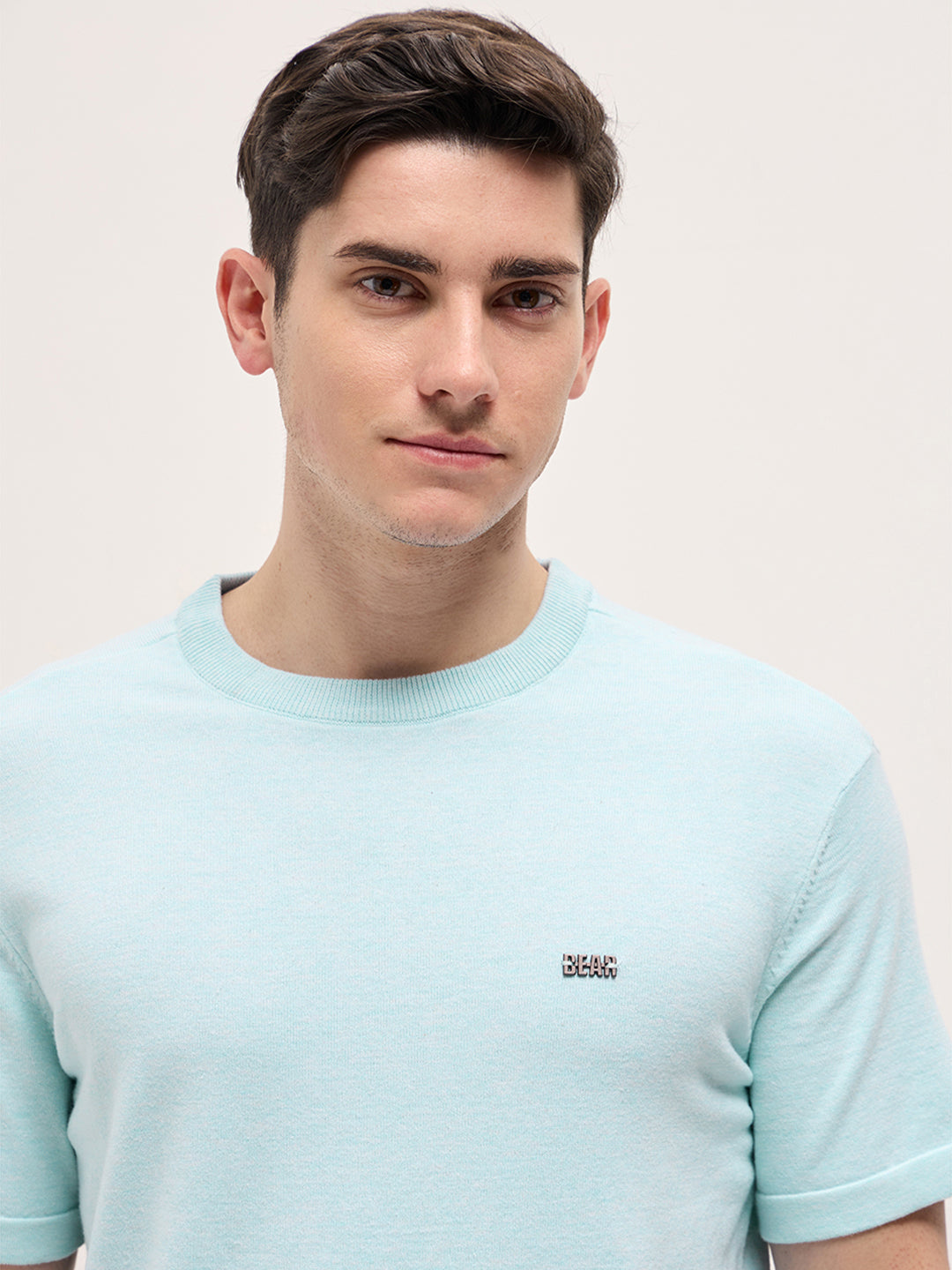 Men Light Blue Solid Regular Fit Ribbed Crew Neck T-shirt