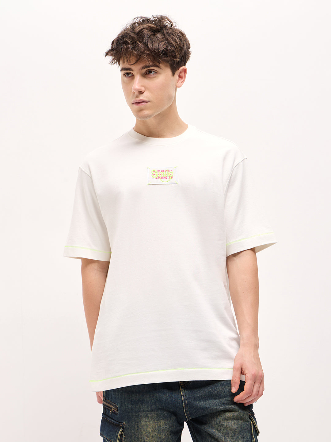 Men White Oversized Crew Neck T-shirt