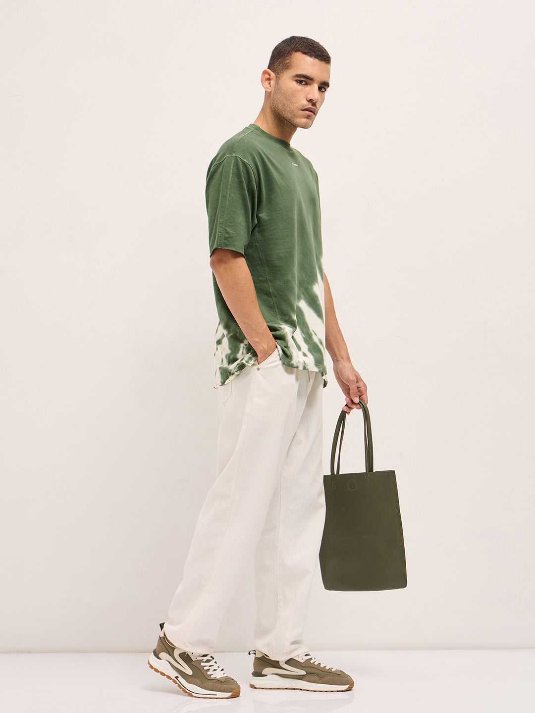 Men Green Tie-Dye Oversized Crew Neck T-shirt