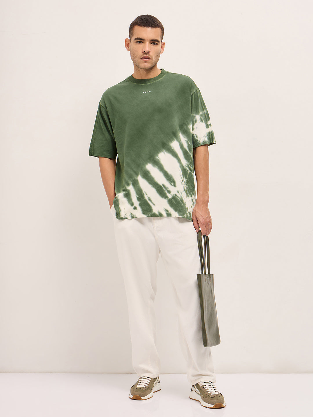 Men Green Tie-Dye Oversized Crew Neck T-shirt