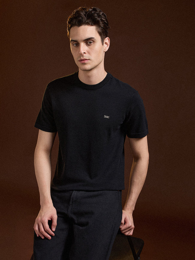 Men Black Solid Regular Fit Ribbed Crew Neck T-shirt