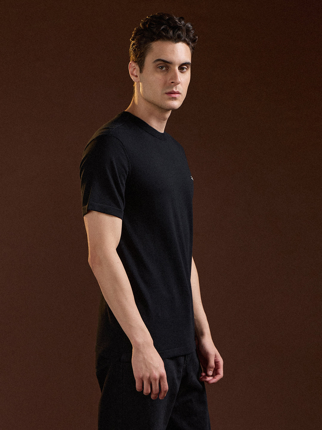 Men Black Solid Regular Fit Ribbed Crew Neck T-shirt