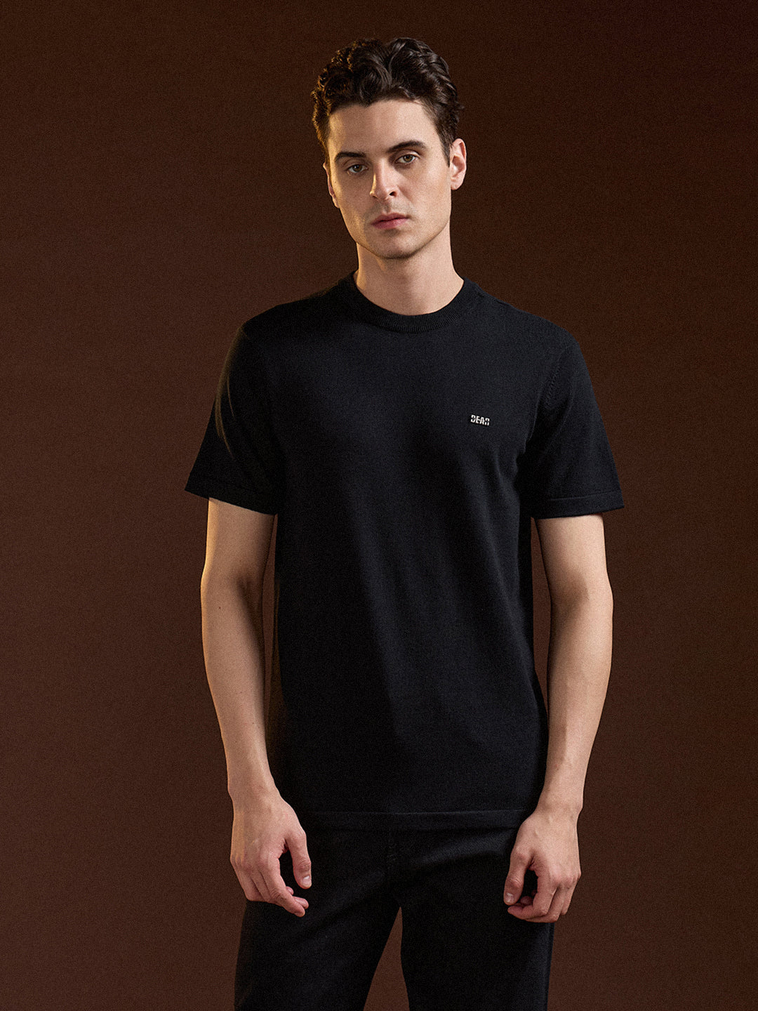 Men Black Solid Regular Fit Ribbed Crew Neck T-shirt