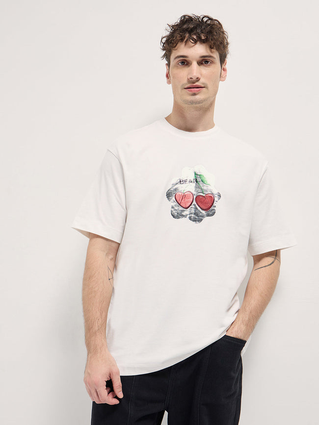 Men White Cherry Graphic Design Crew Neck T-shirt