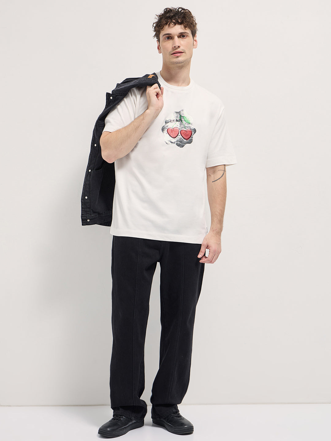 Men White Cherry Graphic Design Crew Neck T-shirt
