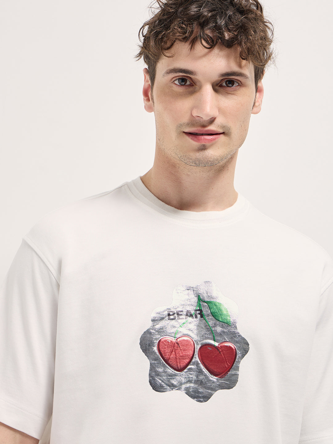 Men White Cherry Graphic Design Crew Neck T-shirt