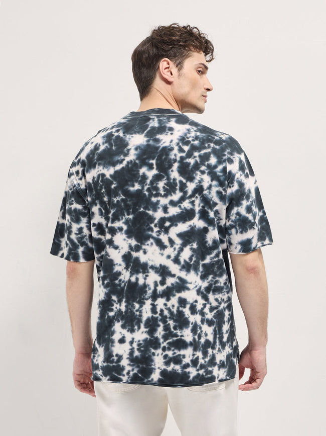 Men Black Tie-Dye Oversized Crew Neck T-shirt