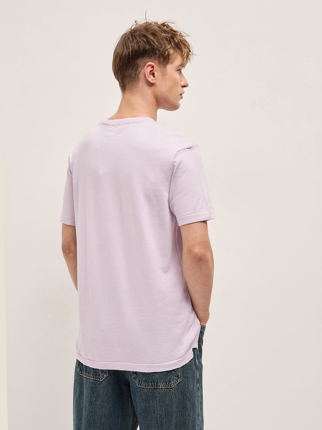 Men Purple Solid Regular Fit Ribbed Crew Neck T-shirt