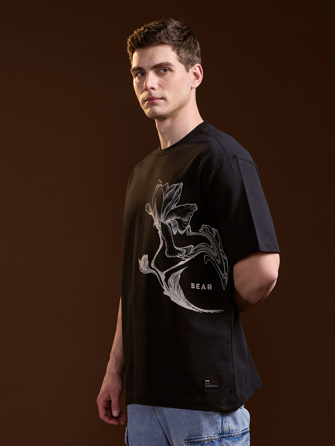 Men Black Oversize Floral Graphic Print Crew Neck T-shirt