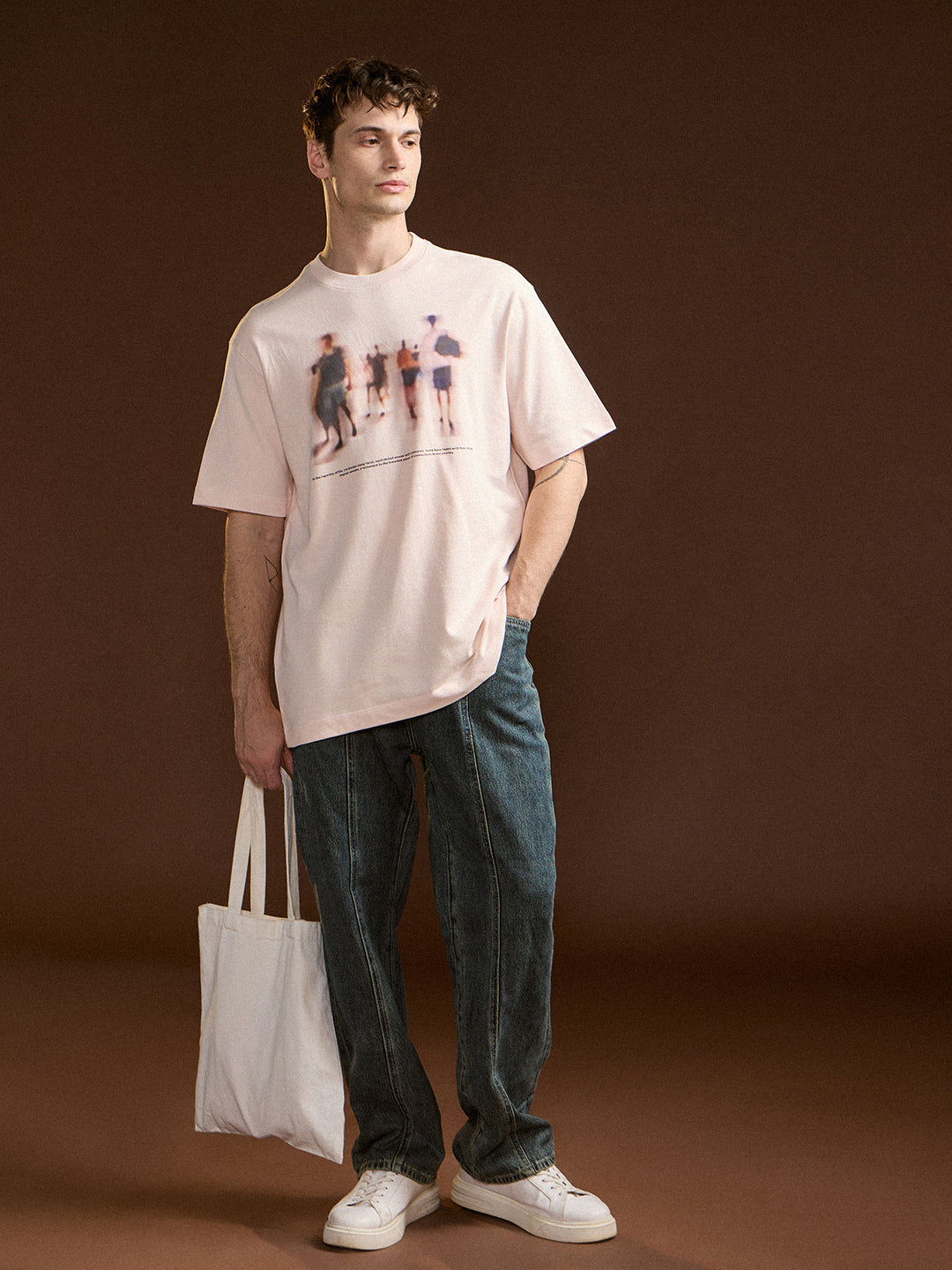 Men Peach Oversize Graphic Print Crew Neck T-shirt