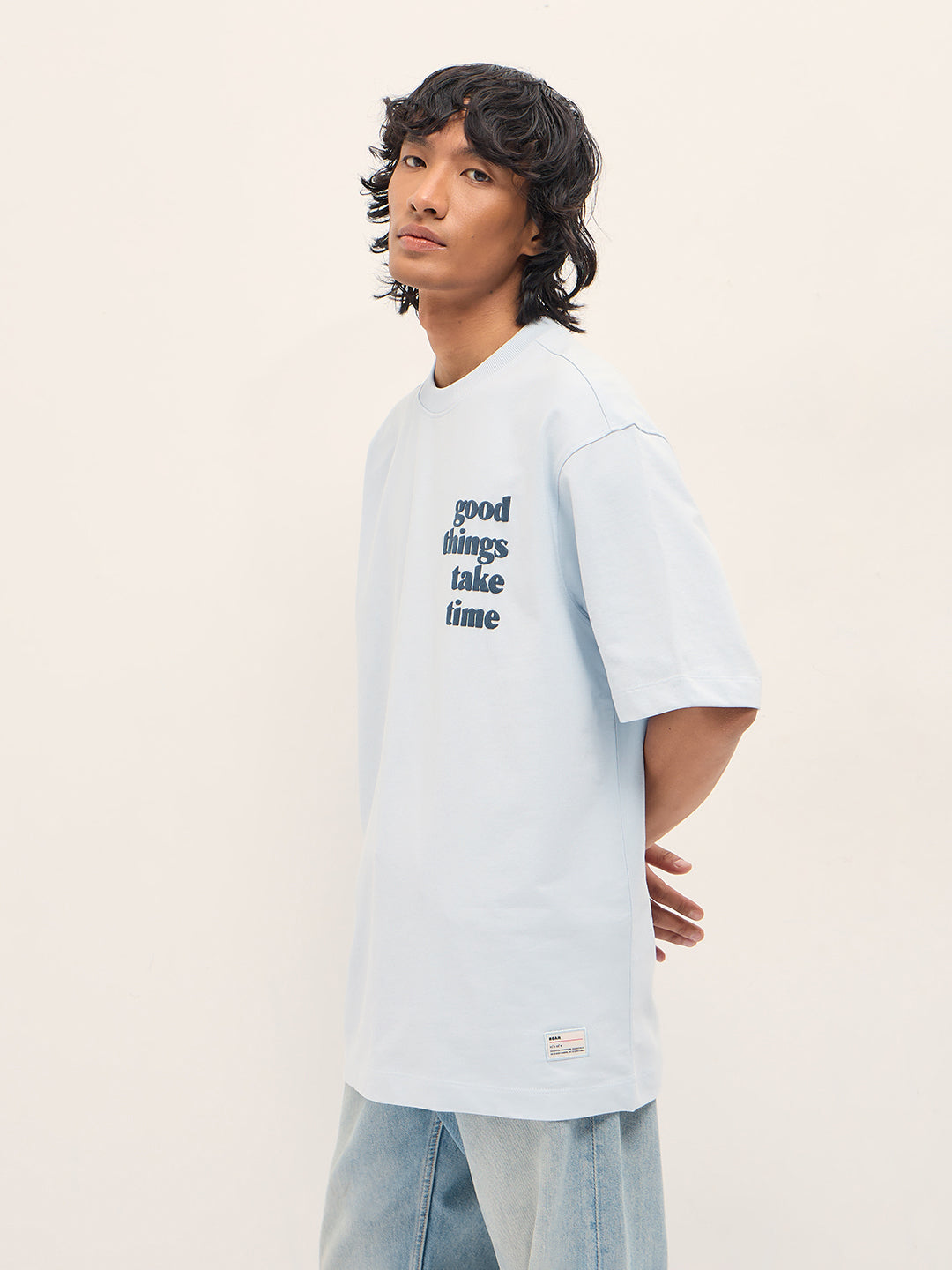 Men Blue Oversized Crew Neck T-Shirt