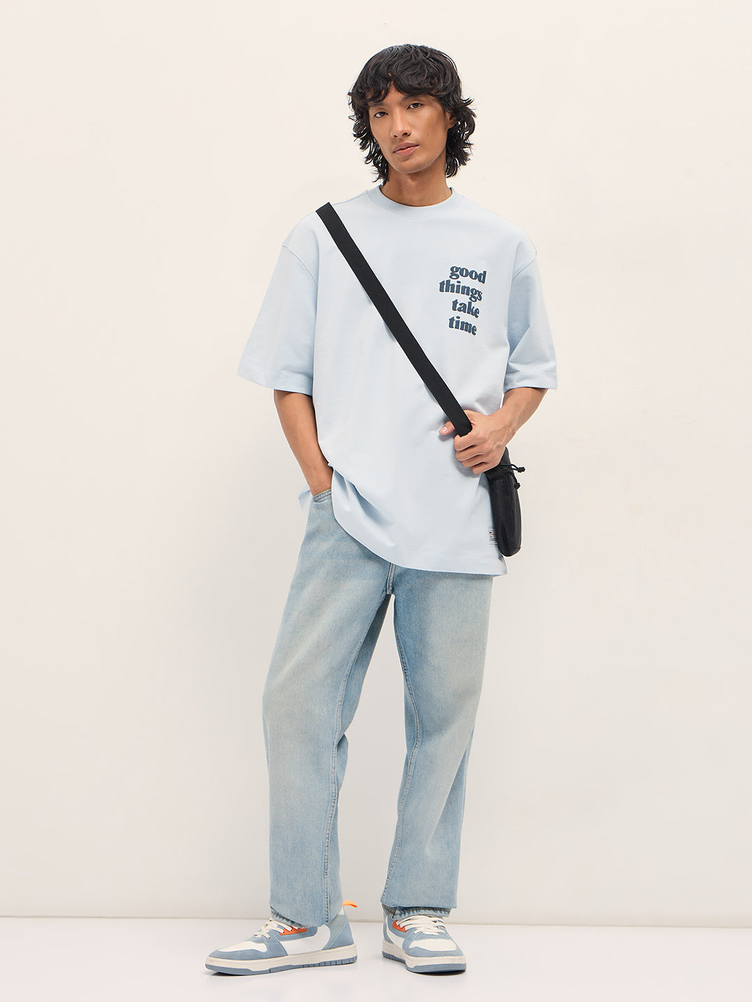 Men Blue Oversized Crew Neck T-Shirt