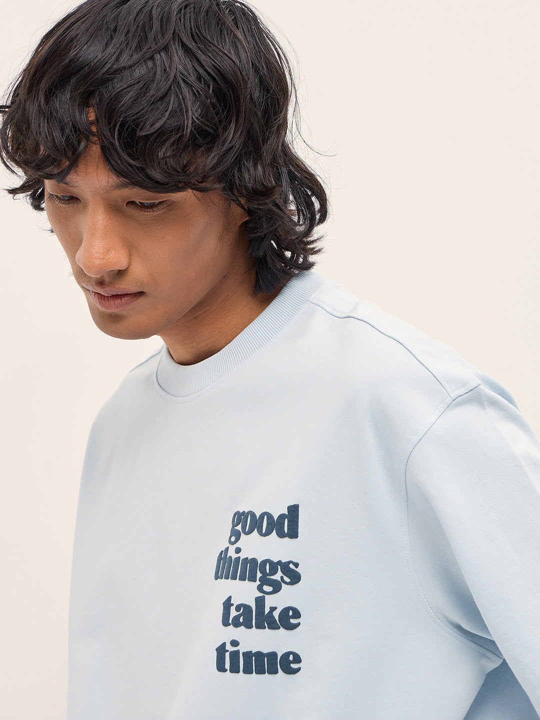 Men Blue Oversized Crew Neck T-Shirt