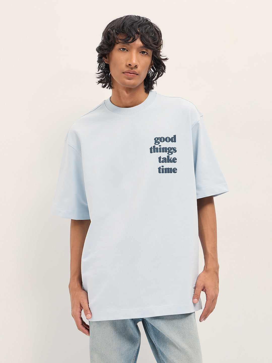 Men Blue Oversized Crew Neck T-Shirt