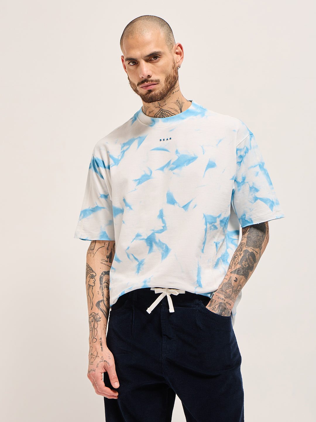Men WhiteBlue Tie-Dye Oversize Crew Neck T-shirt
