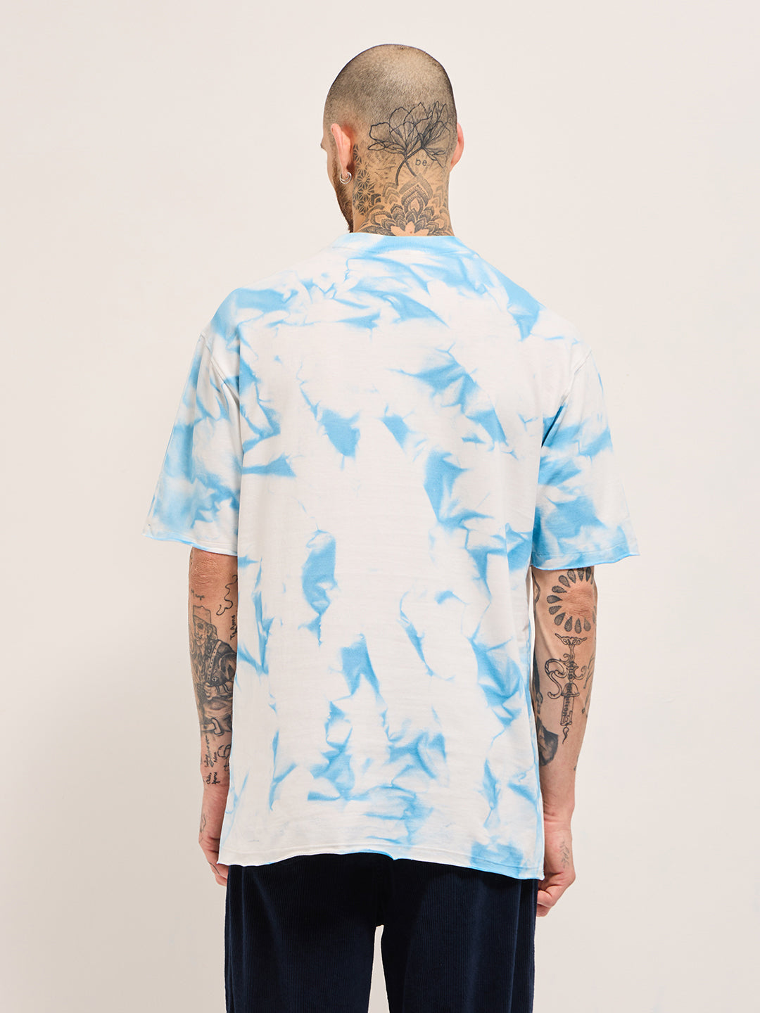 Men WhiteBlue Tie-Dye Oversize Crew Neck T-shirt