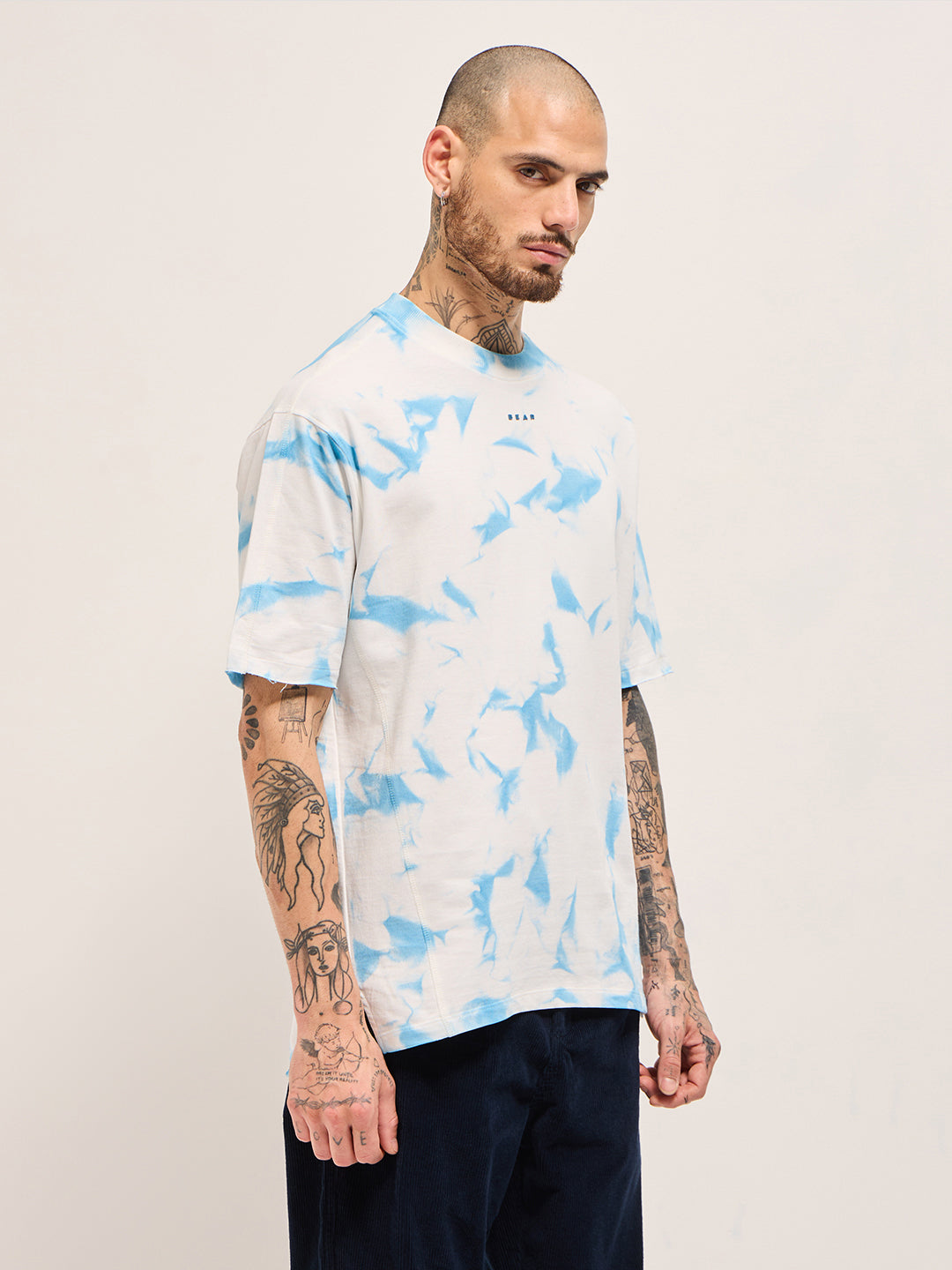 Men WhiteBlue Tie-Dye Oversize Crew Neck T-shirt