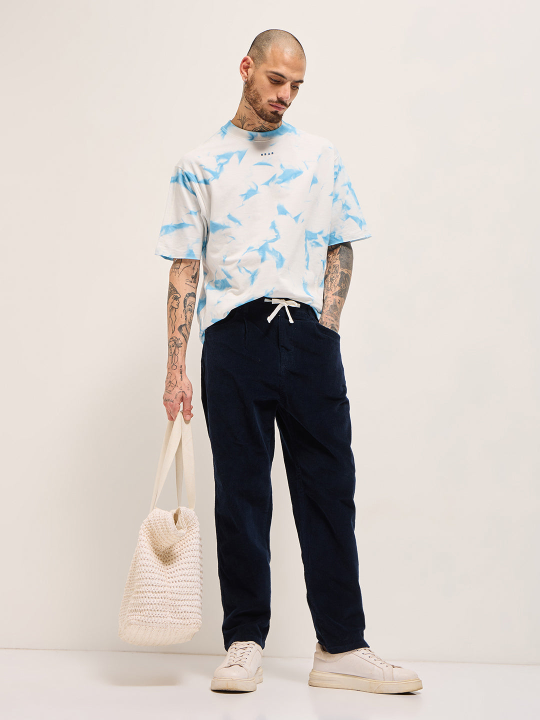 Men WhiteBlue Tie-Dye Oversize Crew Neck T-shirt