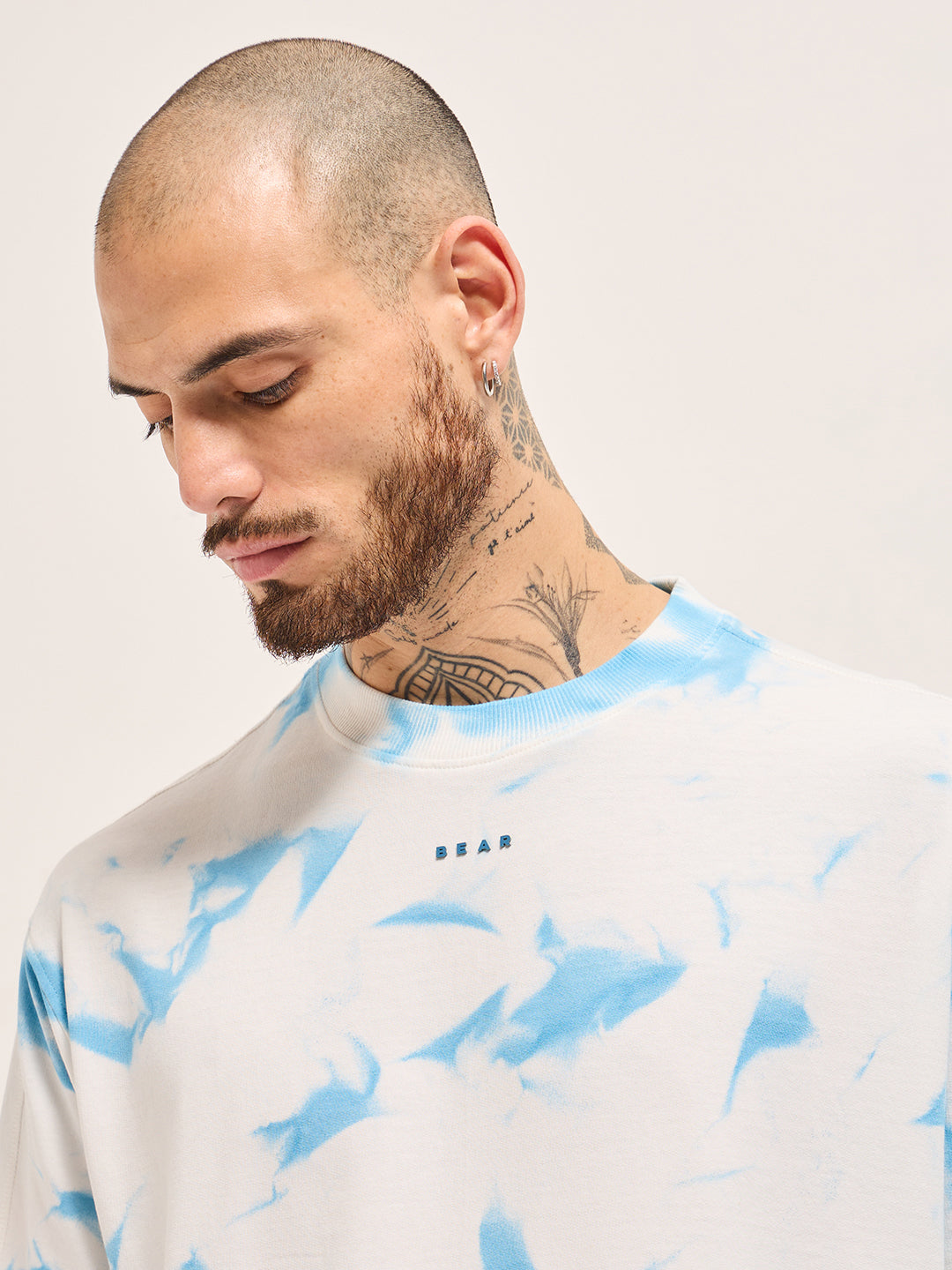 Men WhiteBlue Tie-Dye Oversize Crew Neck T-shirt