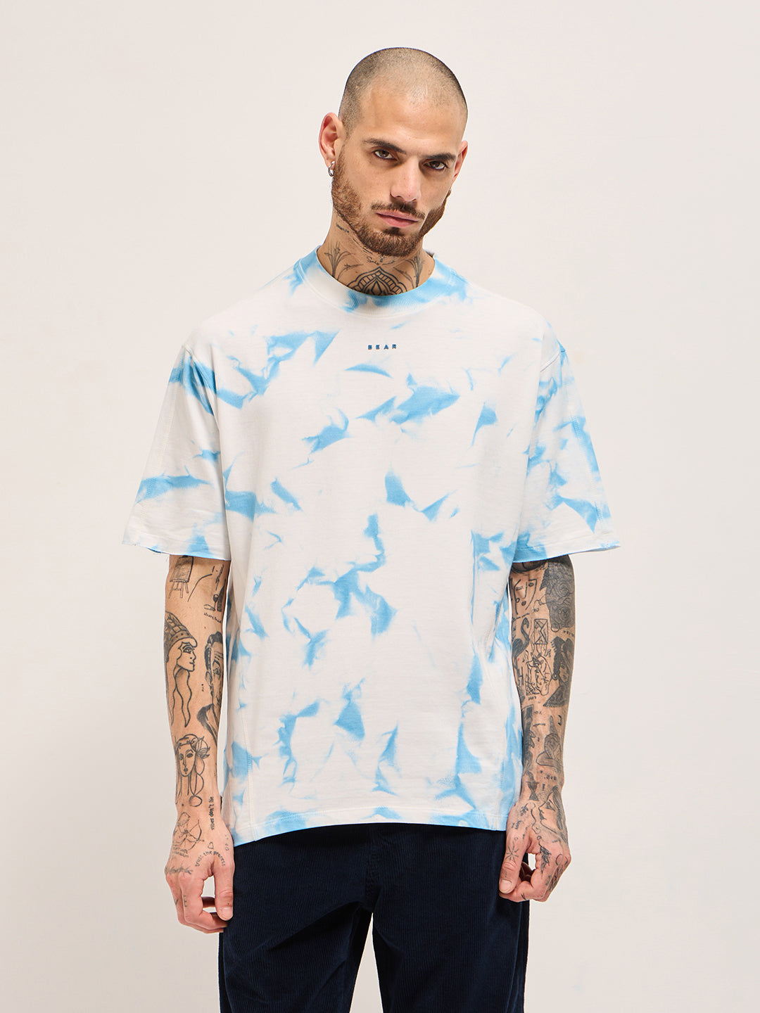 Men WhiteBlue Tie-Dye Oversize Crew Neck T-shirt