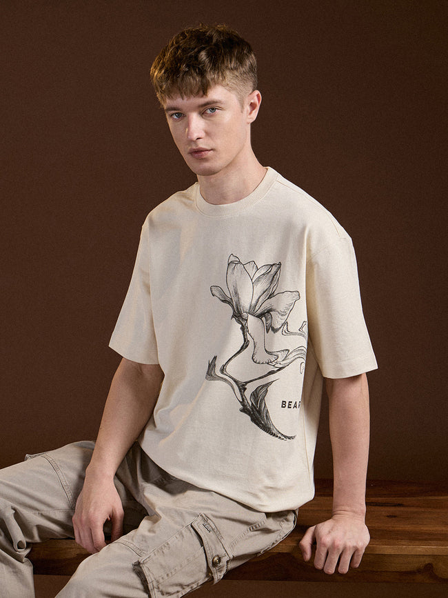 Men Cream Oversize Floral Graphic Print Crew Neck T-shirt