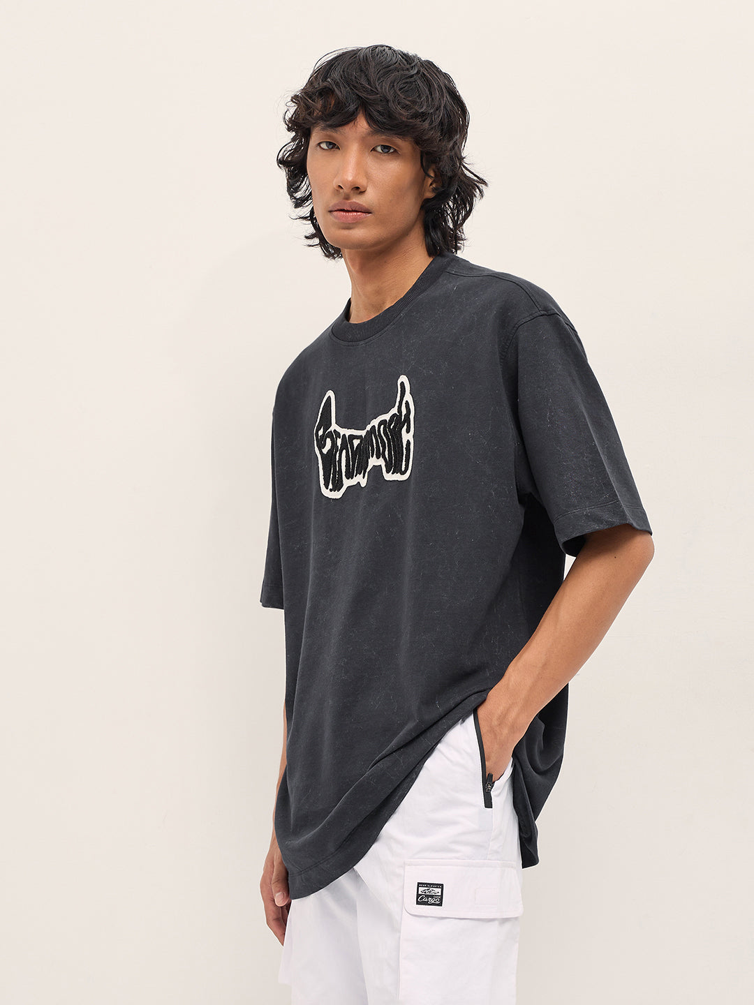 Men Black Graphic Cotton Crew Neck T-Shirt