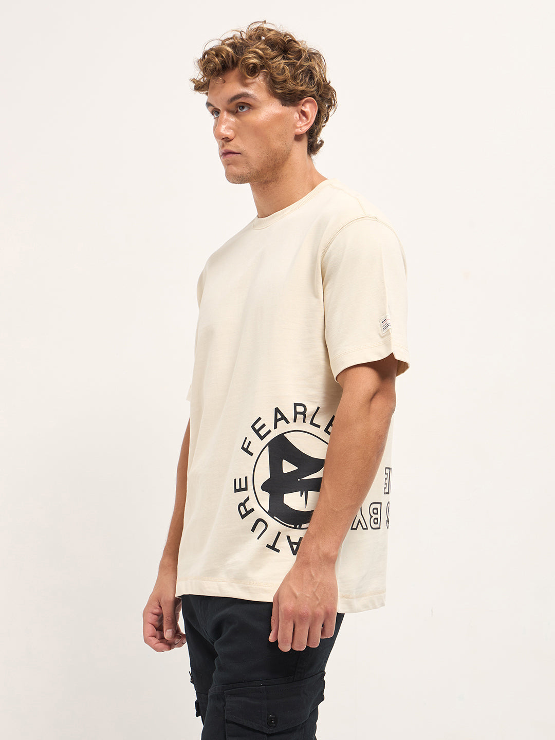 Men Cream Oversized Crew Neck T-Shirt