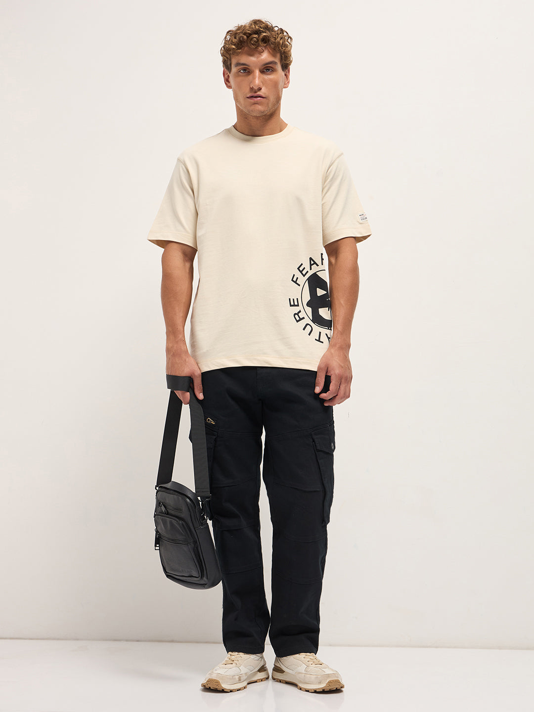 Men Cream Oversized Crew Neck T-Shirt