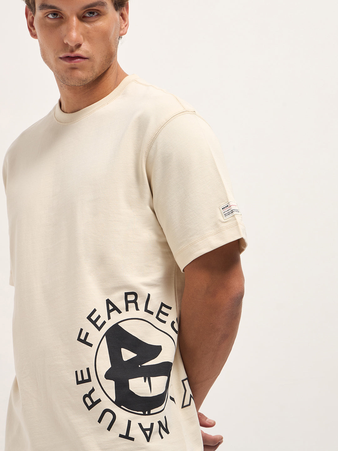 Men Cream Oversized Crew Neck T-Shirt