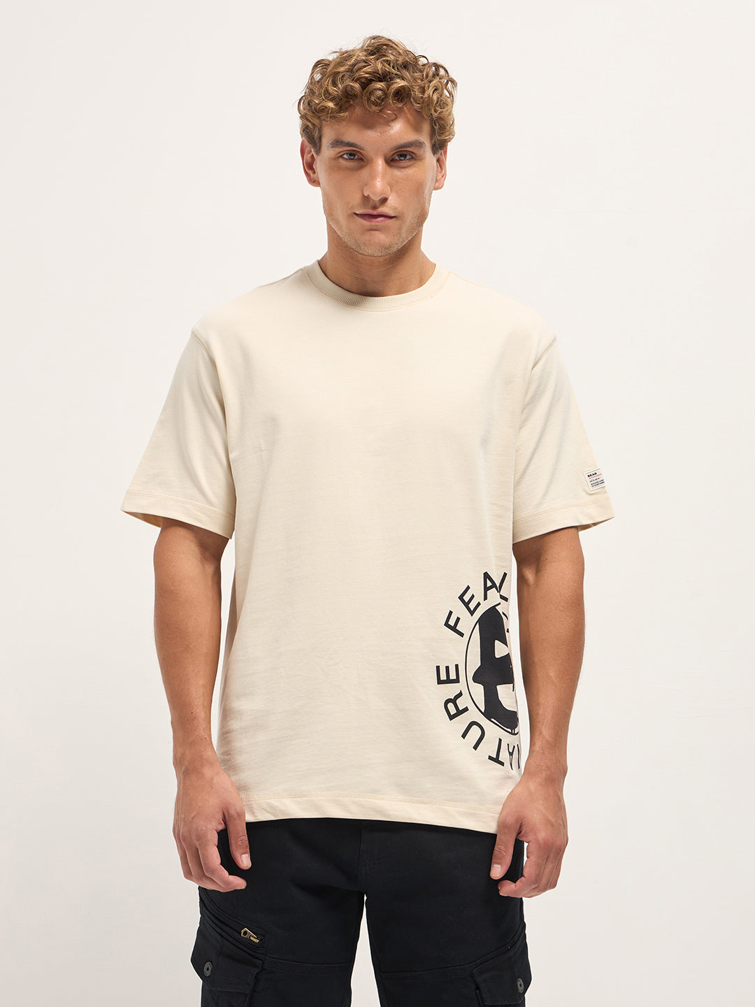 Men Cream Oversized Crew Neck T-Shirt