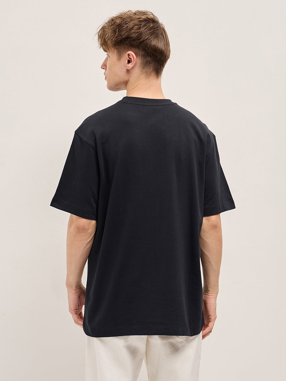 Men Black Circular Text Design Oversize Crew Neck T-shirt