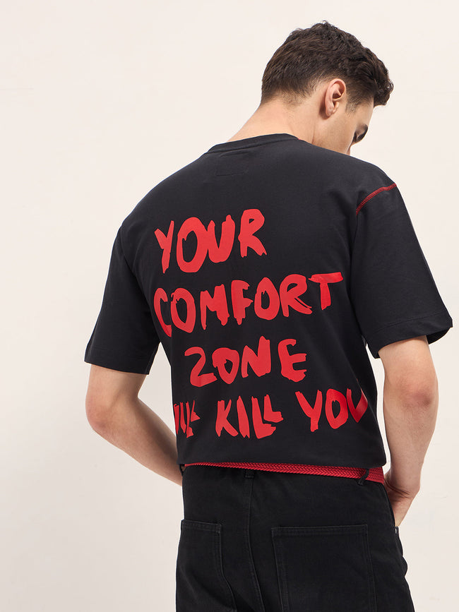Men Black Graphic T-shirt Features a Bold Statement Back Design