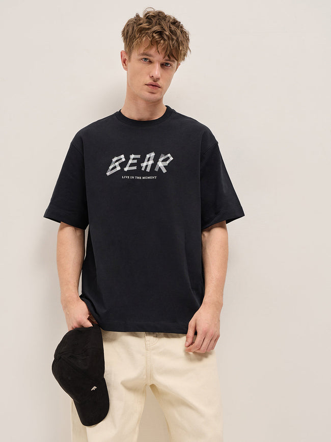 Men Black Geometric BEAR Graphic Oversized Crew Neck T-shirt